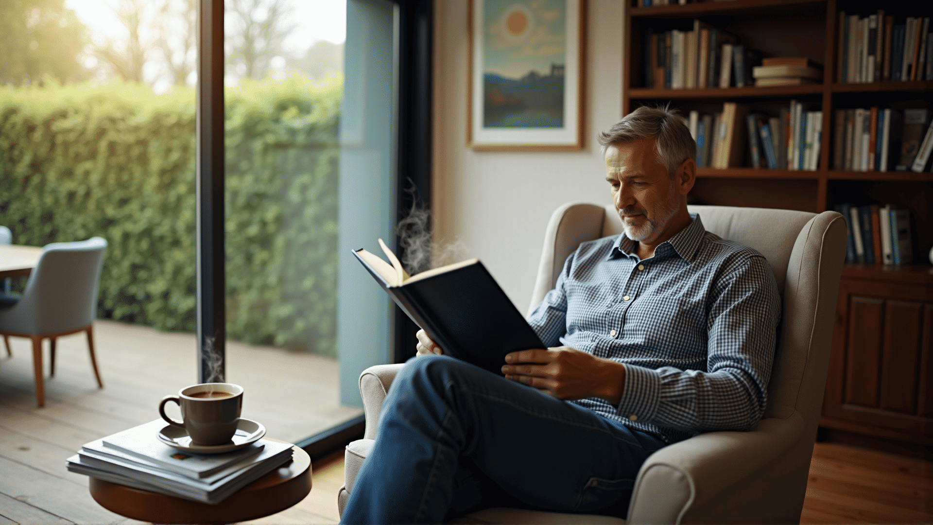 Reading financial book with coffee